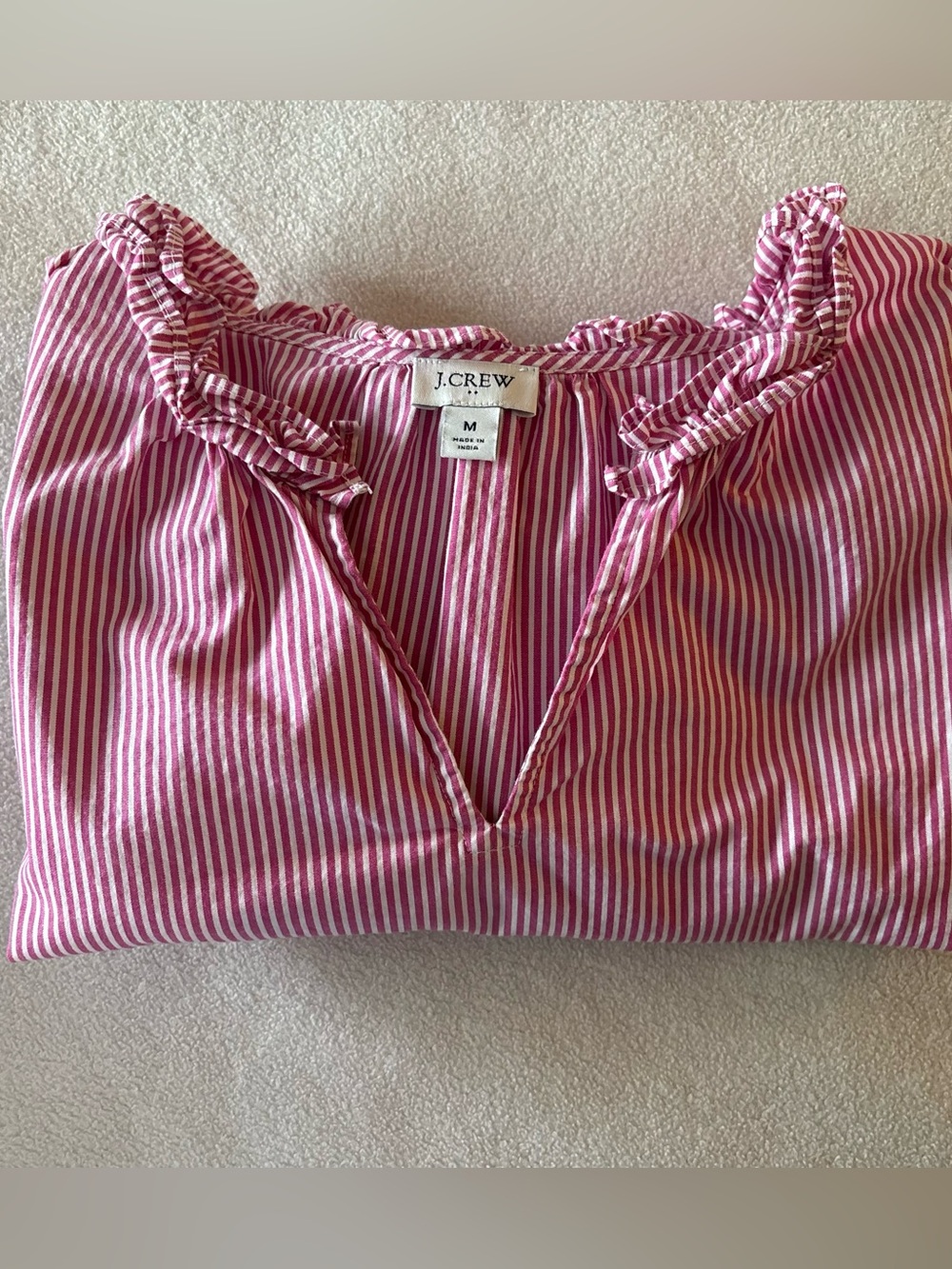 J.Crew Raspberry red and white Striped Ruffle Neck Blouse-size Medium - Picture 10 of 10